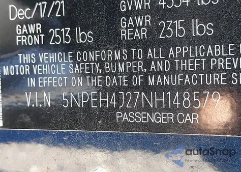 2022 Hyundai Sonata Limited z USA, uszkodzony, nr VIN 5NPEH4J27NH148579